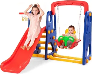 HONEY JOY Toddler Climber and Swing Set, 3-in-1 Indoors & Outdoors Playset with Junior Basketball Hoop for Boys Girls Age 2-8