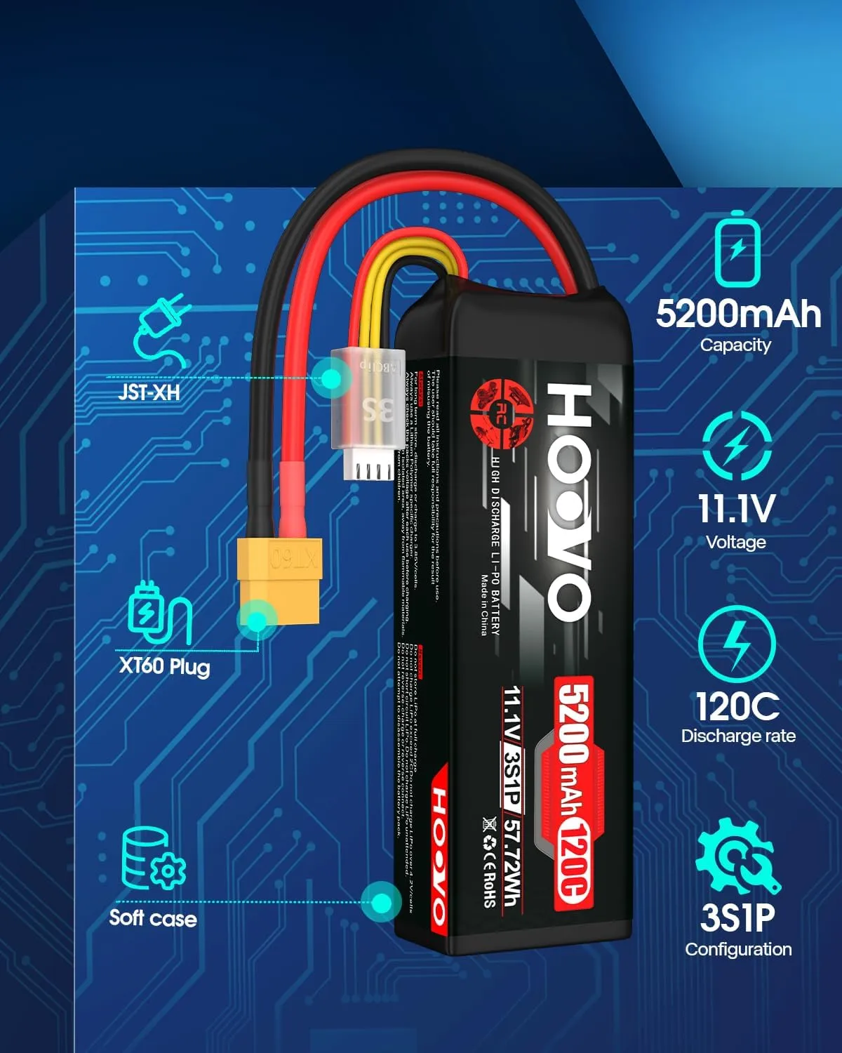 HOOVO 3S LiPo Battery 5200mAh 120C Softcase with XT60 & TR Plug Compatible for RC Car RC Truck Airplane Helicopter Boat Racing RC Hobby, 2Pack