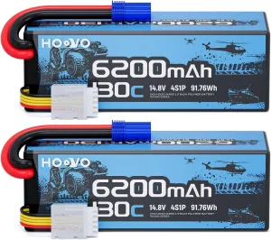 HOOVO 4S Lipo Battery, 14.8V 6200mAh 130C RC Car Battery Hard Case with EC5 Plug, Compatible with 1/8 and 1/10 Scale RC Vechile,Arrma Kraton 8S,RC Buggy Truggy Truck Crawler Monster Boat, 2 Pack