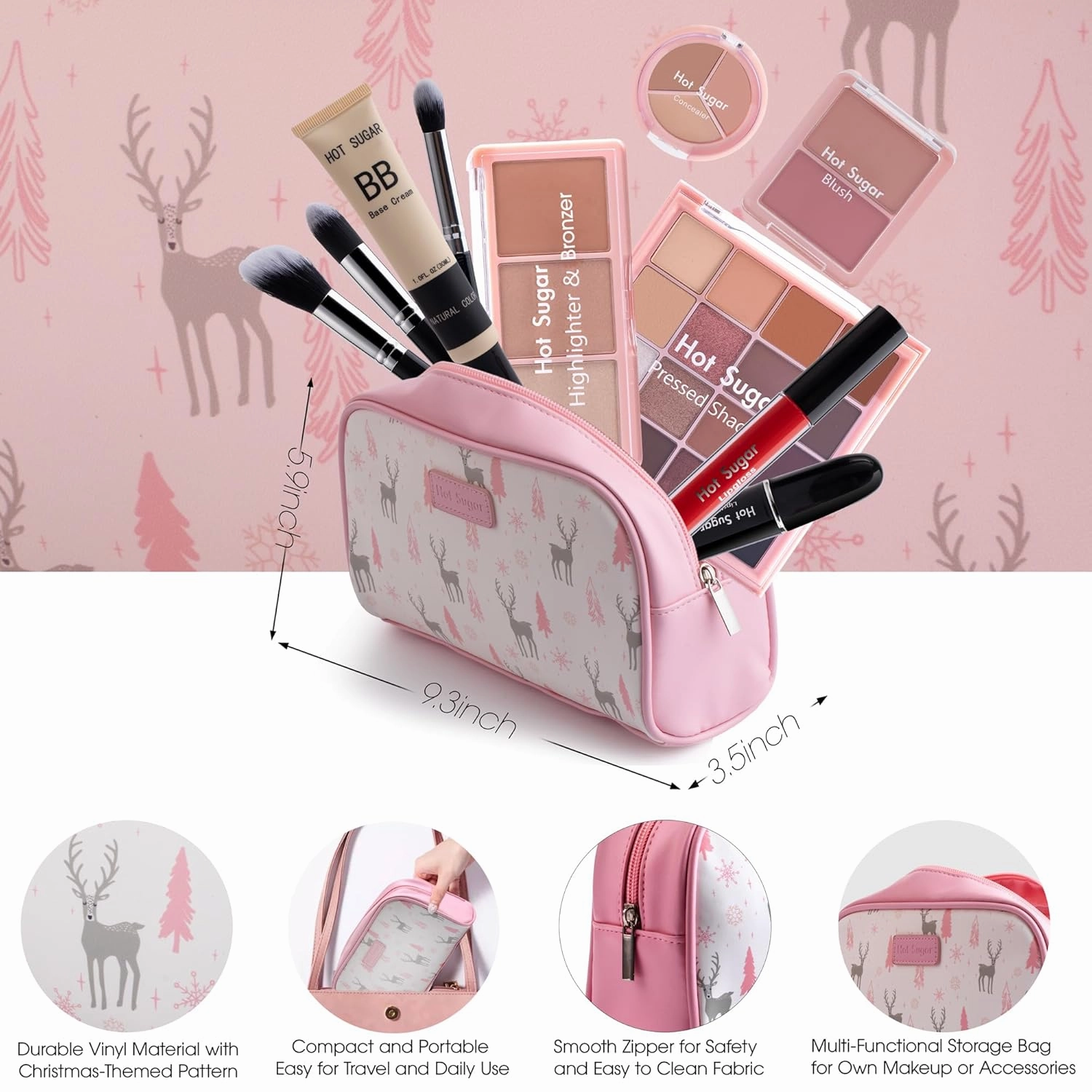 Hot Sugar Travel Makeup Kit All in One, Makeup Kit for Women Full Kit, Makeup Gift Set for Beginners and Professionals with Cosmetic Bag (Pink)