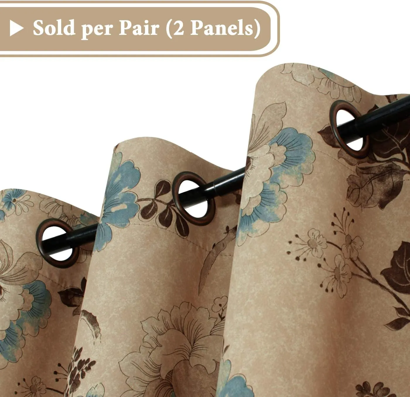 H.VERSAILTEX Blackout Curtains for Bedroom/Living Room Thermal Insulated Printed Curtain Drapes 63 Inches Long Energy Efficient Room Darkening Curtains Pair (2 Panels), Vintage Floral Brown & Blue