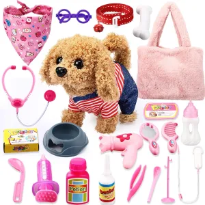 HyDren 23 Pcs Dog Toy for Kids Electronic Interactive Realistic Robot Puppy Walking Barking Tail Wagging Pet Care Set Lifelike Pet Dog with Handbag and Accessories for Girls Boys Birthday Christmas
