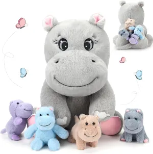 HyDren 5 Pieces End of School Year Class Gifts for Students from Teachers Parents Bulk Hippo Stuffed Animals Plush Toys Set - Mom with 4 Small Plushies in Tummy for Kids Hippo Lovers