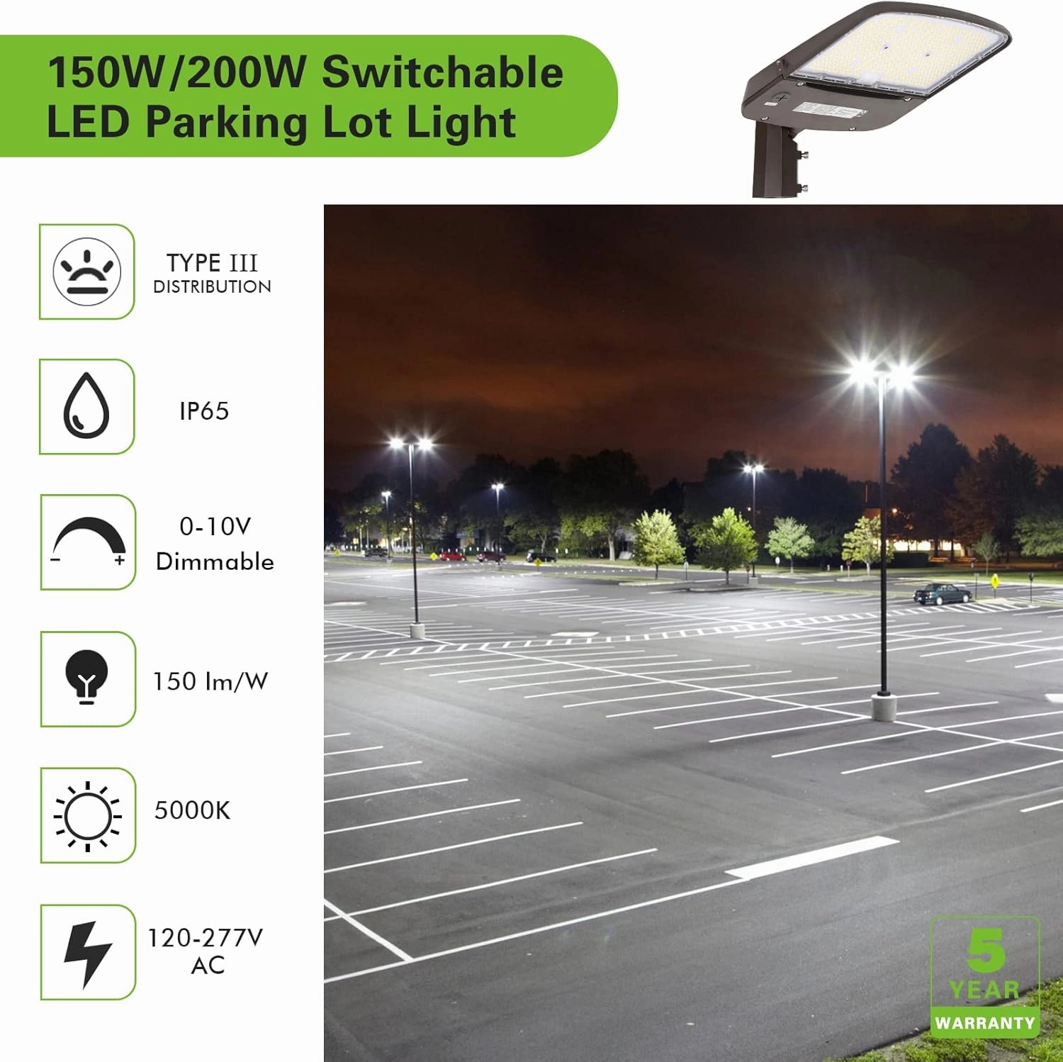 hykolity 150W/200W Switchable LED Parking Lot Light, 150LM/W 5000K LED Street Lighting with Photocell Sensor [400W-600W HPS Equiv.] 100-277V, Commercial Adjustable Slip Fitter Mount LED Shoebox Light
