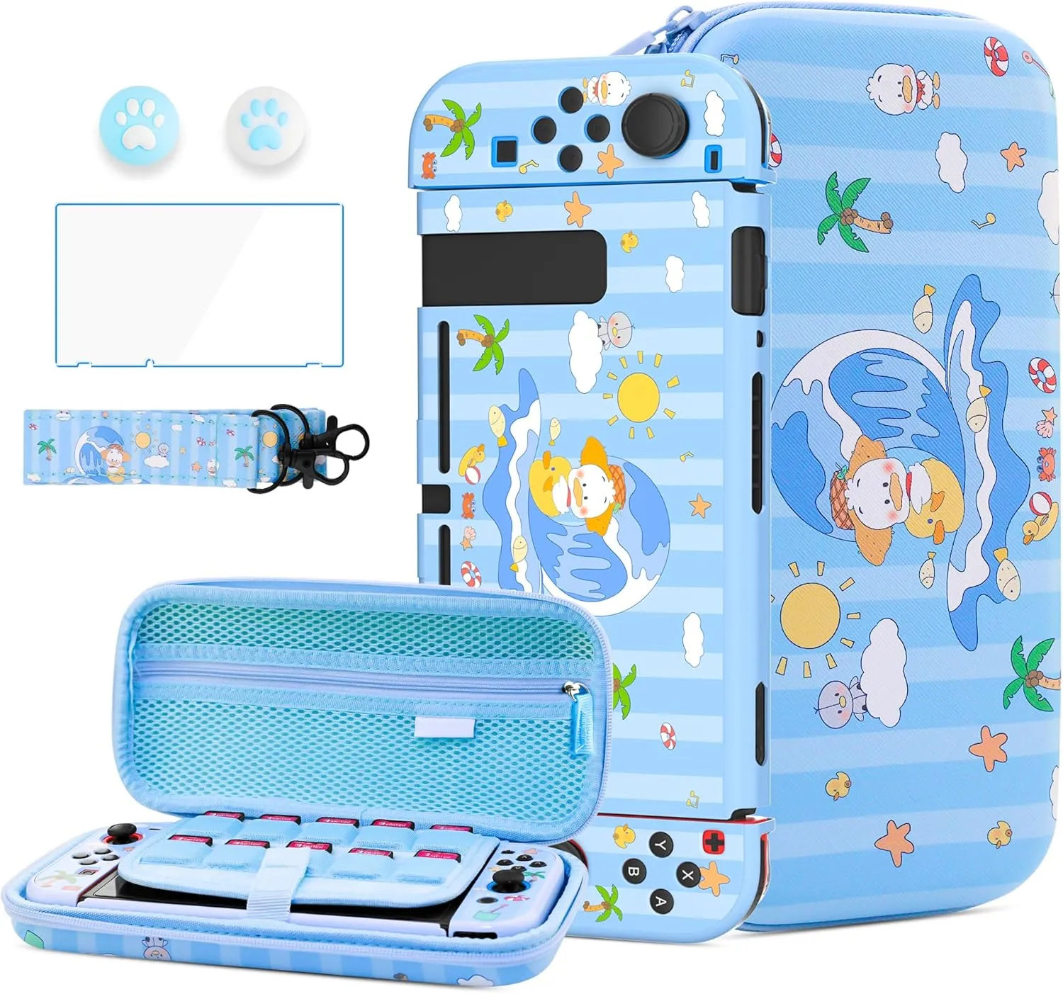 HYPERCASE Cute Cartoon Duck Switch Carrying Case Kit, Compatible with Nintendo Switch Accessories Storage Blue Bag, Hardshell NS Switch Cover Case, Screen Protector, Shoulder Strap & 2 Thumb Caps