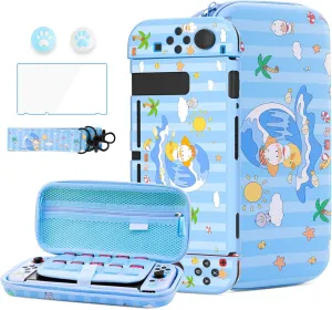 HYPERCASE Cute Cartoon Duck Switch Carrying Case Kit, Compatible with Nintendo Switch Accessories Storage Blue Bag, Hardshell NS Switch Cover Case, Screen Protector, Shoulder Strap & 2 Thumb Caps
