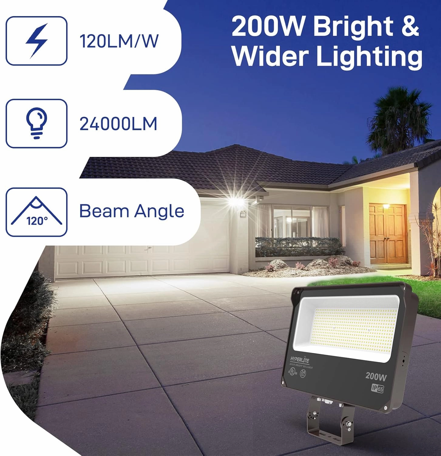HYPERLITE LED Flood Light 200W 24000LM 5000K Daylight IP65 Waterproof Outdoor Floodlights UL Certified for Court Garden Warehouse