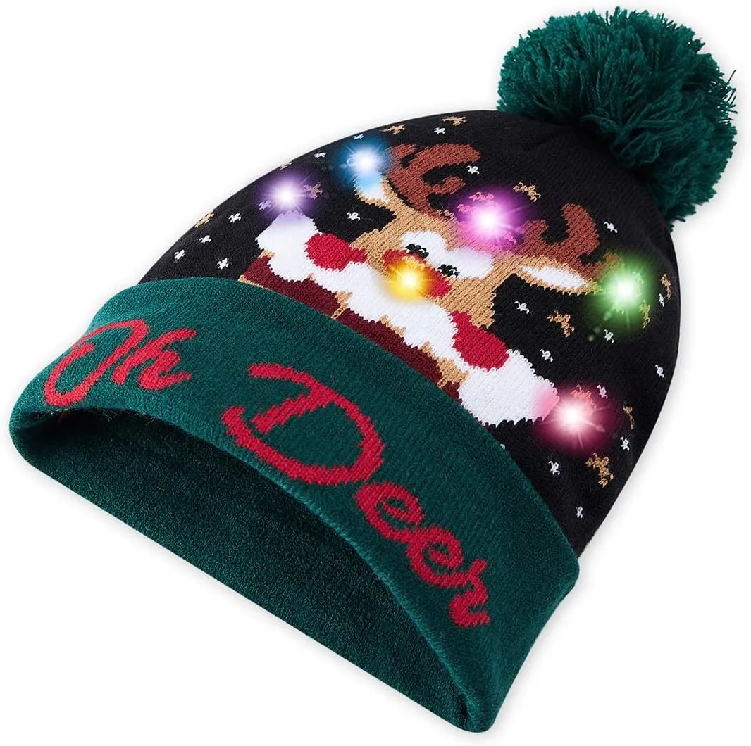 Idgreatim Unisex LED Light-up Ugly Christmas Sweater Hat Novelty Knitted Xmas Beanie Cap for Party(6 Light)