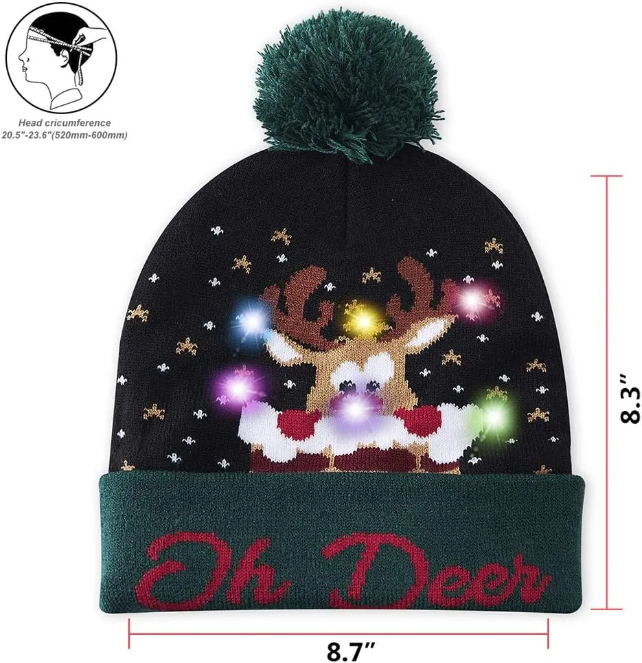 Idgreatim Unisex LED Light-up Ugly Christmas Sweater Hat Novelty Knitted Xmas Beanie Cap for Party(6 Light)