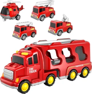 IHAHA Fire Truck Toys for 3 4 5 6 Years Old Boys Toddlers, 5 in 1 Kids Carrier Fire Trucks Cars for Toddler Boy Toys Birthday, Car Trucks Friction Power Toys with Light Sound