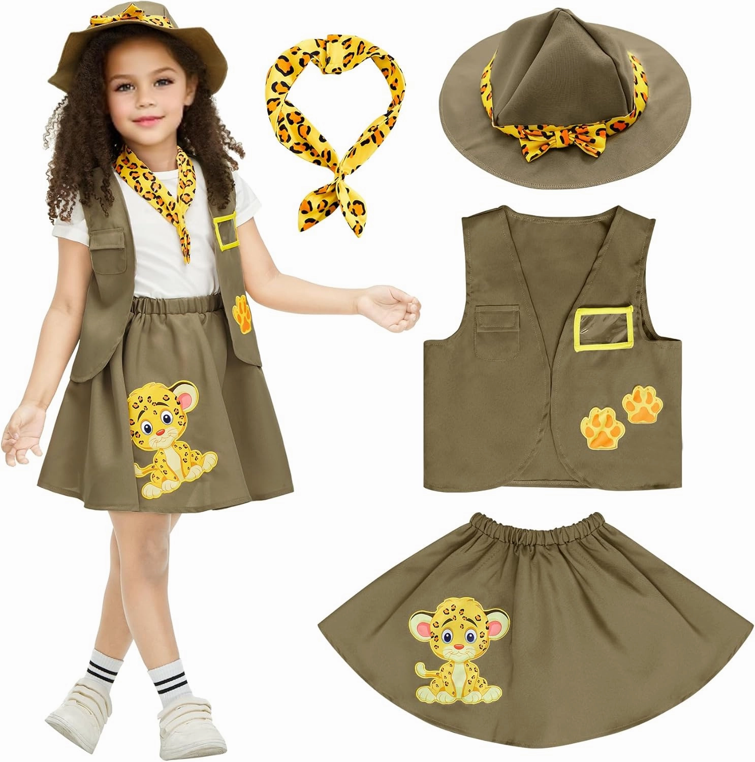 IKALI Kids Girls Zoo Keeper Costume Tiger Print Explorering Kit with Safari Vest & Hat