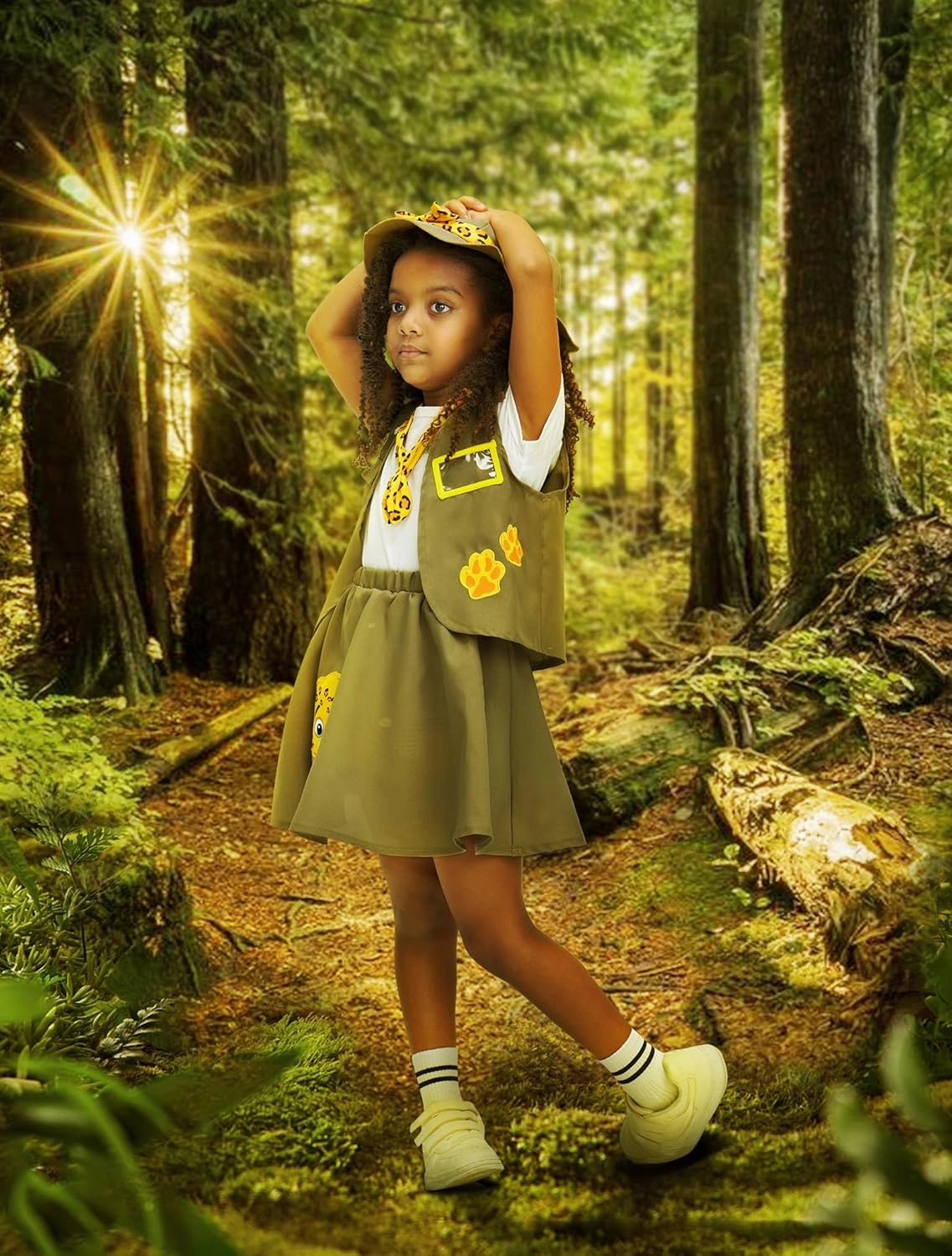 IKALI Kids Girls Zoo Keeper Costume Tiger Print Explorering Kit with Safari Vest & Hat