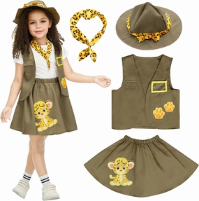 IKALI Kids Girls Zoo Keeper Costume Tiger Print Explorering Kit with Safari Vest & Hat