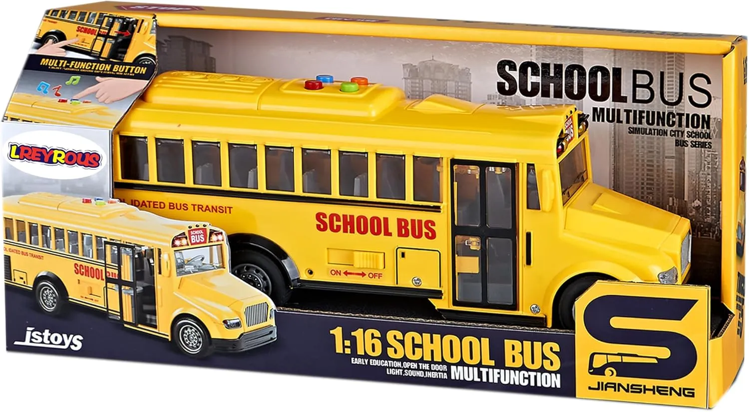 Inertial School Bus1:16 City Bus with Simulated Sounds and Lights School Bus Toy Car Mode with Opening The Door Best Birthday Gift for Kids Age 3 