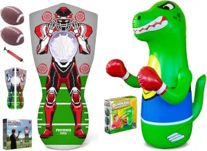 Inflatable Robot Football Toss & Dinosaur Punching Bag Bundle for Kids – 2-in-1 Active Play Set with Red & Blue Double-Sided Target, 2 Footballs, Air Pump – Indoor/Outdoor Sports & Energy Toy