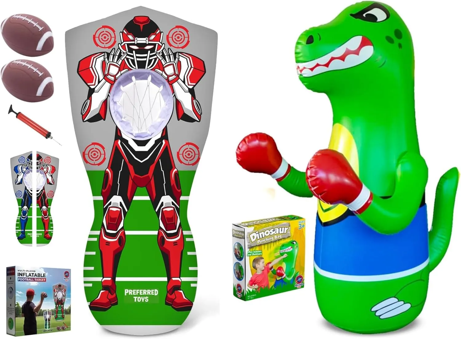 Inflatable Robot Football Toss & Dinosaur Punching Bag Bundle for Kids – 2-in-1 Active Play Set with Red & Blue Double-Sided Target, 2 Footballs, Air Pump – Indoor/Outdoor Sports & Energy Toy