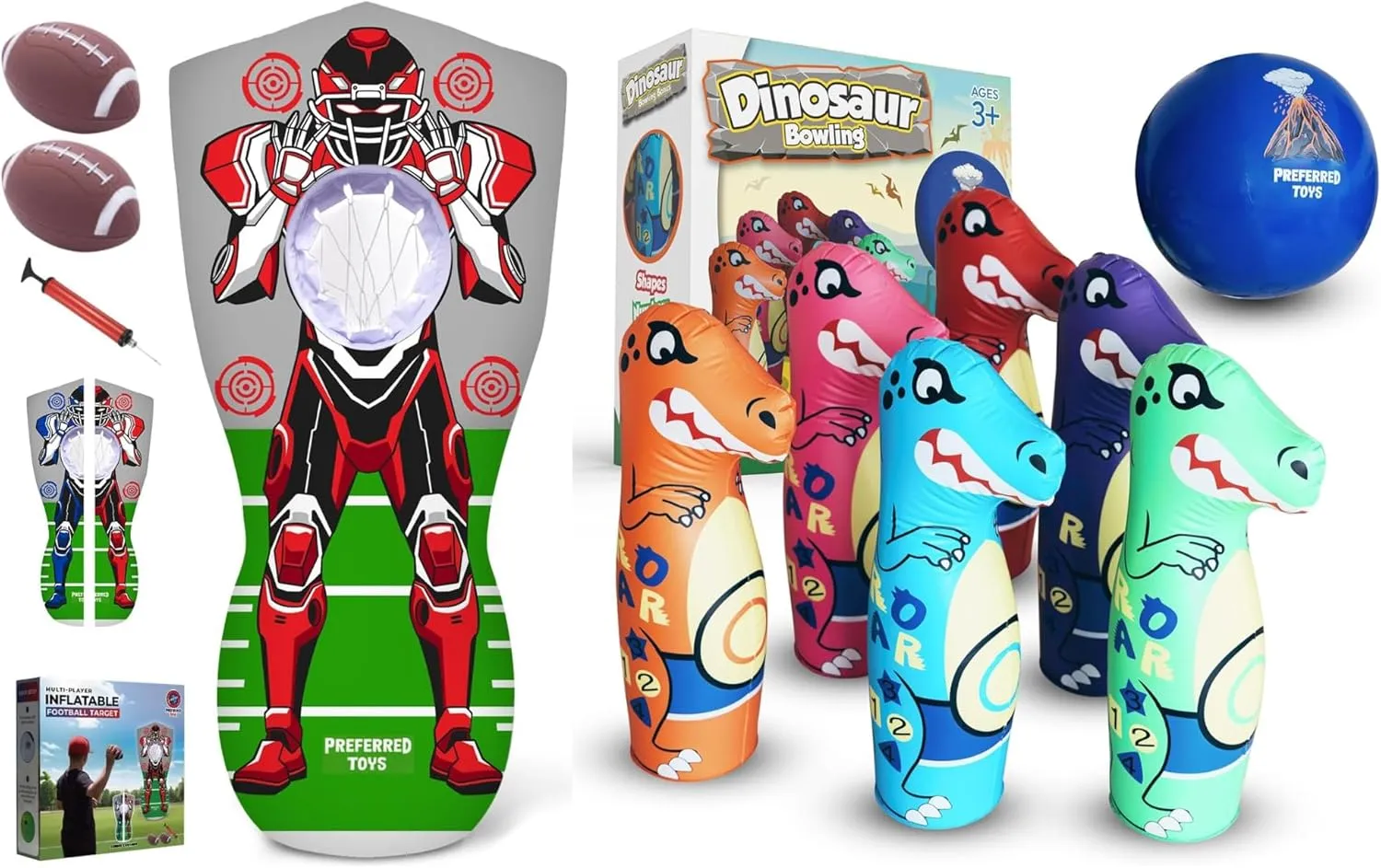 Inflatable Sports Game Bundle for Kids – Robot Football Toss & Dinosaur Bowling Set – Indoor and Outdoor Activity with Educational Features – Includes Balls, Pump & Patch Kits
