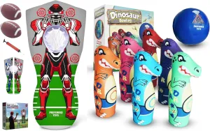 Inflatable Sports Game Bundle for Kids – Robot Football Toss & Dinosaur Bowling Set – Indoor and Outdoor Activity with Educational Features – Includes Balls, Pump & Patch Kits