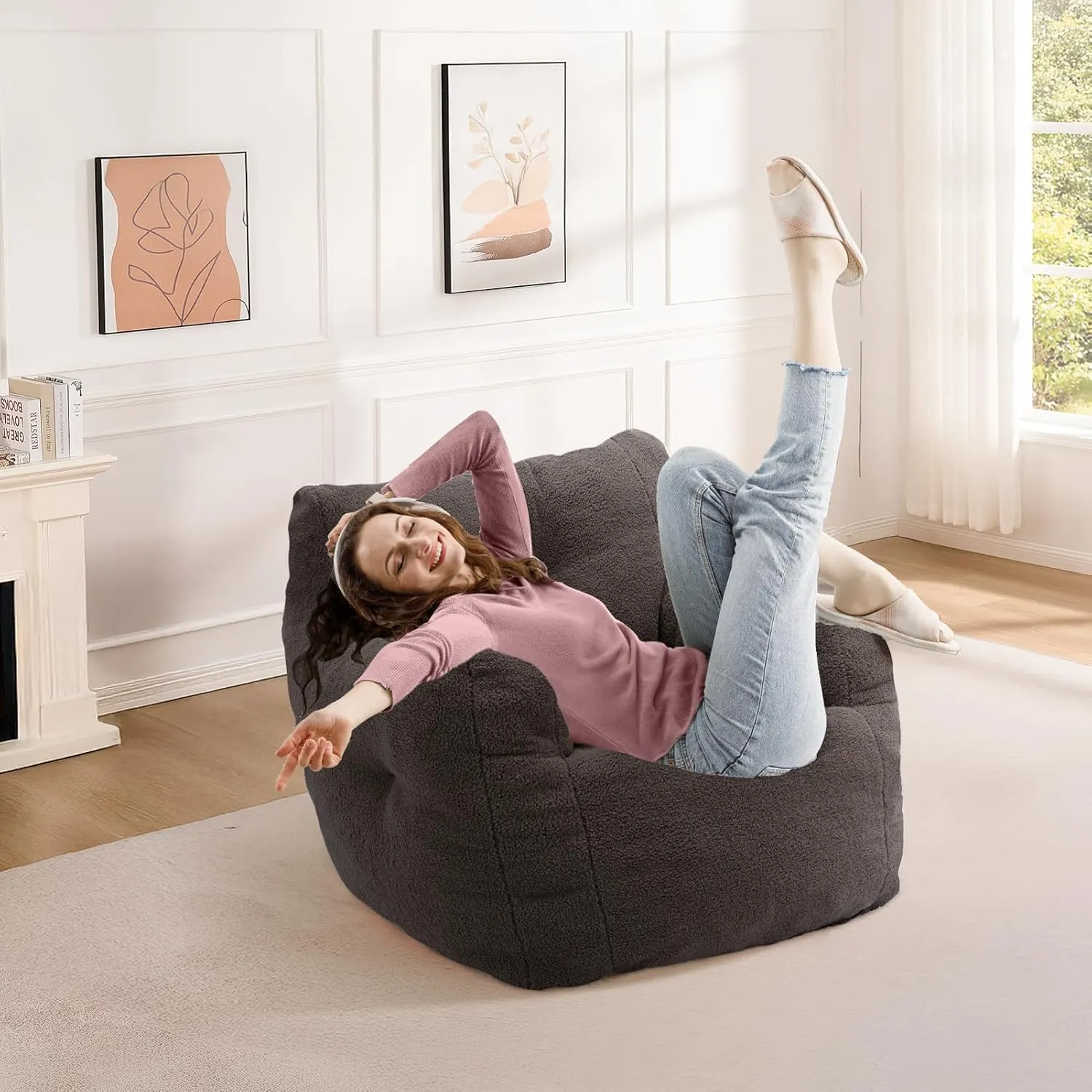 INMOZATA Bean Bag Chair for Adult and Teens 3FT Pre-Filled Soft Teddy Fluffy Lazy Sofa Floor Chair Beanbag for Living Room Playroom Dorm Apartment (Deep Grey)