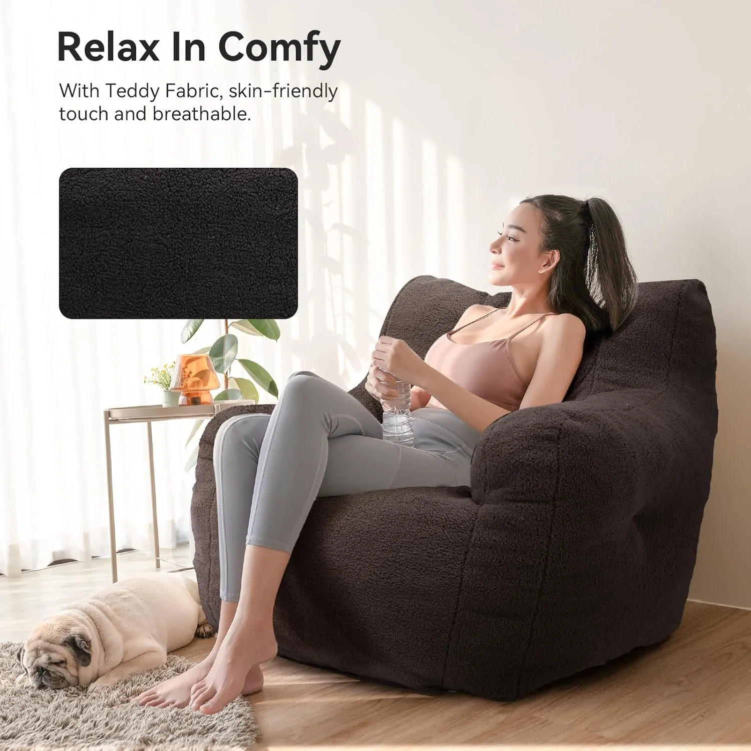 INMOZATA Bean Bag Chair for Adult and Teens 3FT Pre-Filled Soft Teddy Fluffy Lazy Sofa Floor Chair Beanbag for Living Room Playroom Dorm Apartment (Deep Grey)
