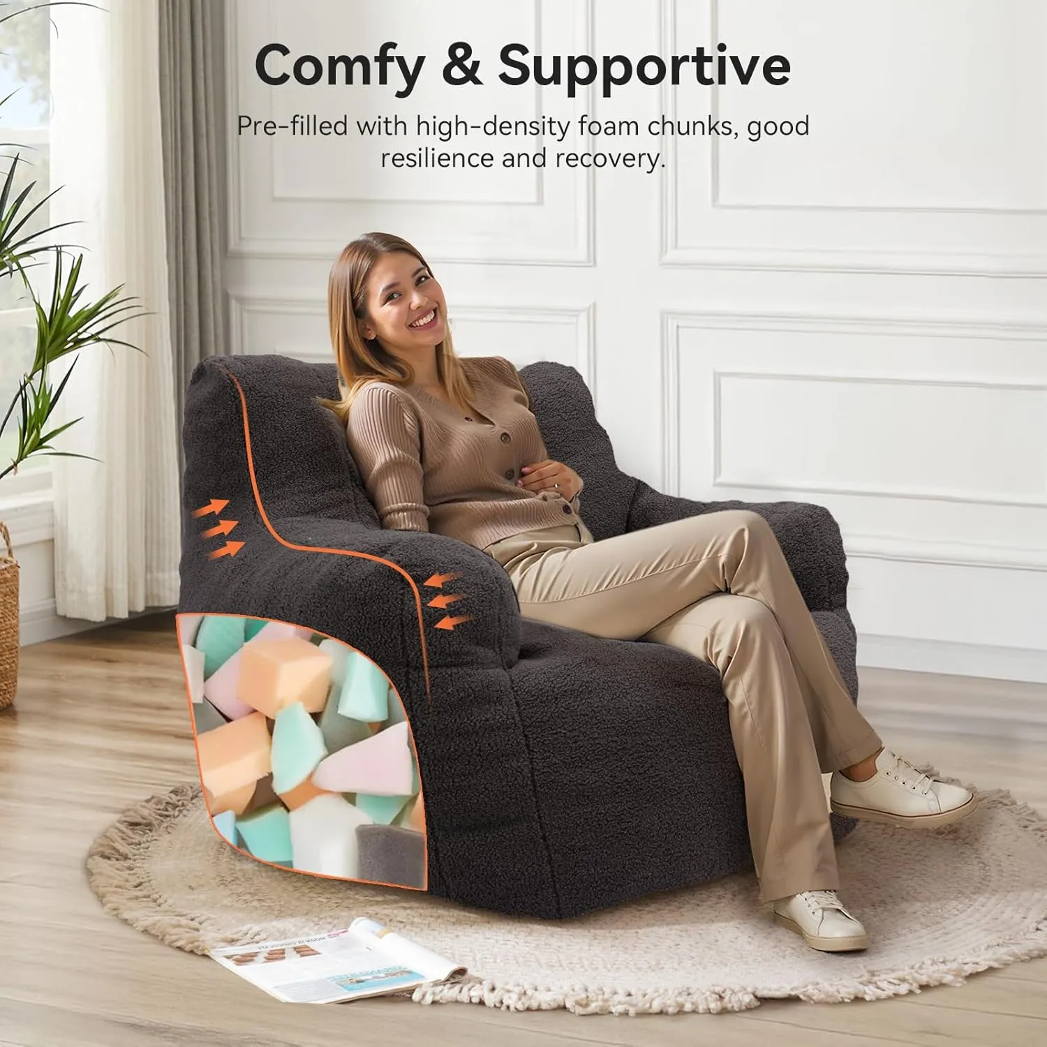 INMOZATA Bean Bag Chair for Adult and Teens 3FT Pre-Filled Soft Teddy Fluffy Lazy Sofa Floor Chair Beanbag for Living Room Playroom Dorm Apartment (Deep Grey)