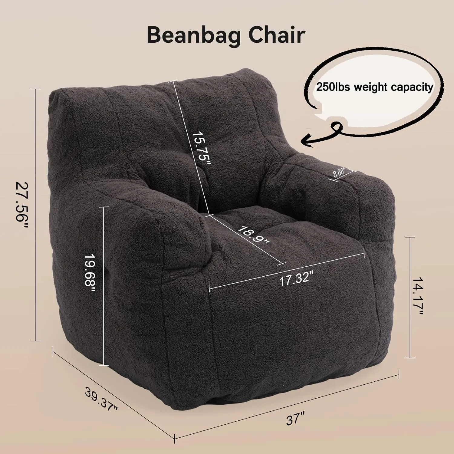 INMOZATA Bean Bag Chair for Adult and Teens 3FT Pre-Filled Soft Teddy Fluffy Lazy Sofa Floor Chair Beanbag for Living Room Playroom Dorm Apartment (Deep Grey)