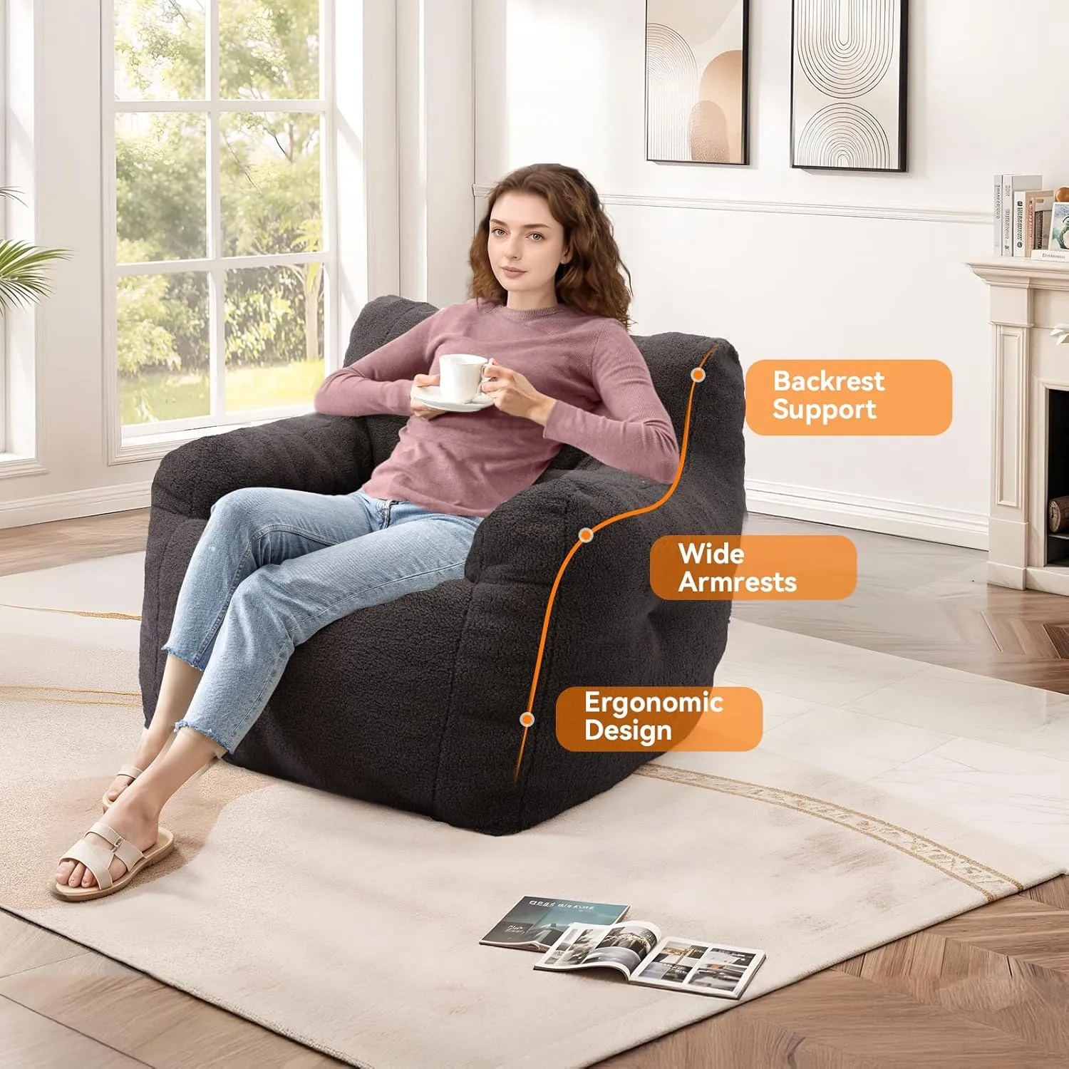 INMOZATA Bean Bag Chair for Adult and Teens 3FT Pre-Filled Soft Teddy Fluffy Lazy Sofa Floor Chair Beanbag for Living Room Playroom Dorm Apartment (Deep Grey)