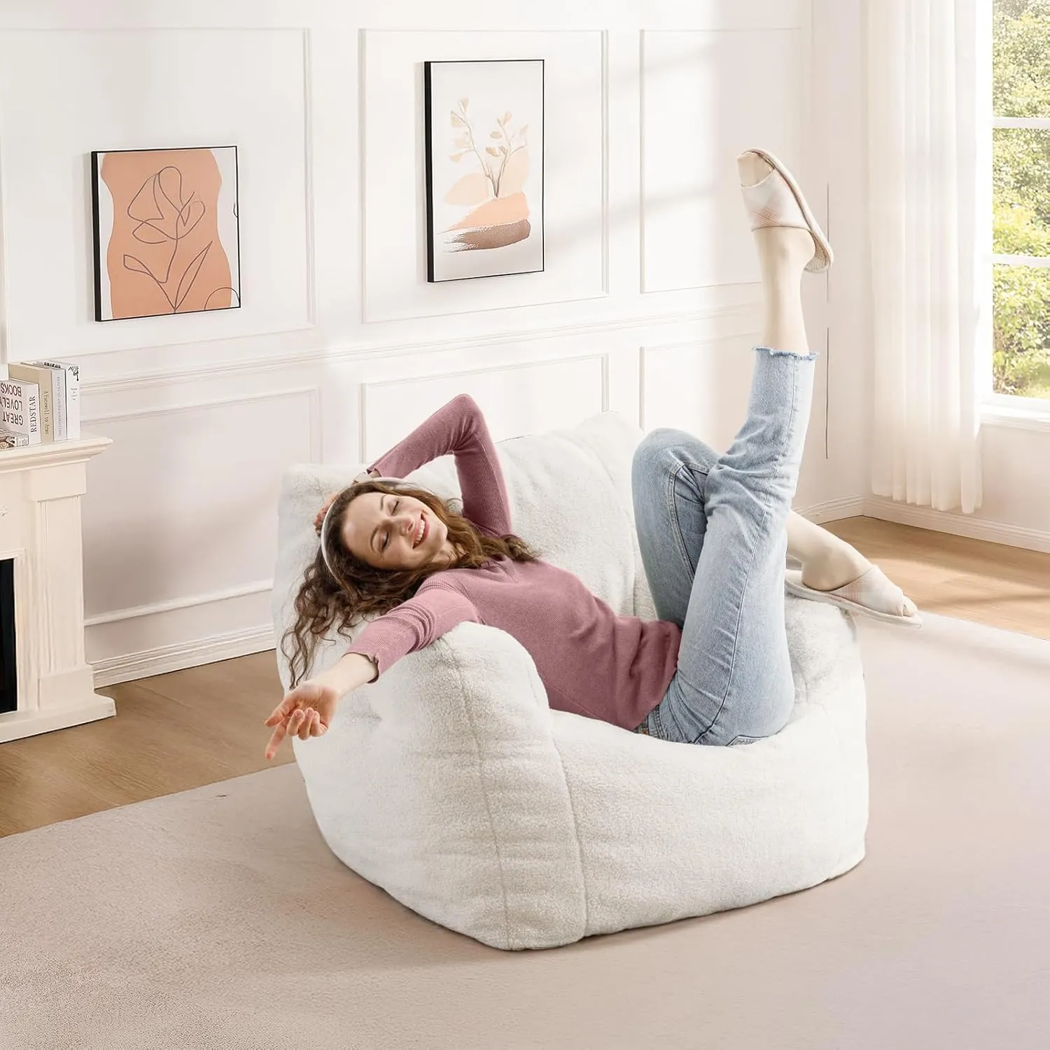 INMOZATA Bean Bag Chair for Adult and Teens 3FT Pre-Filled Soft Teddy Fluffy Lazy Sofa Floor Chair Beanbag for Living Room Playroom Dorm Apartment (Ivory)