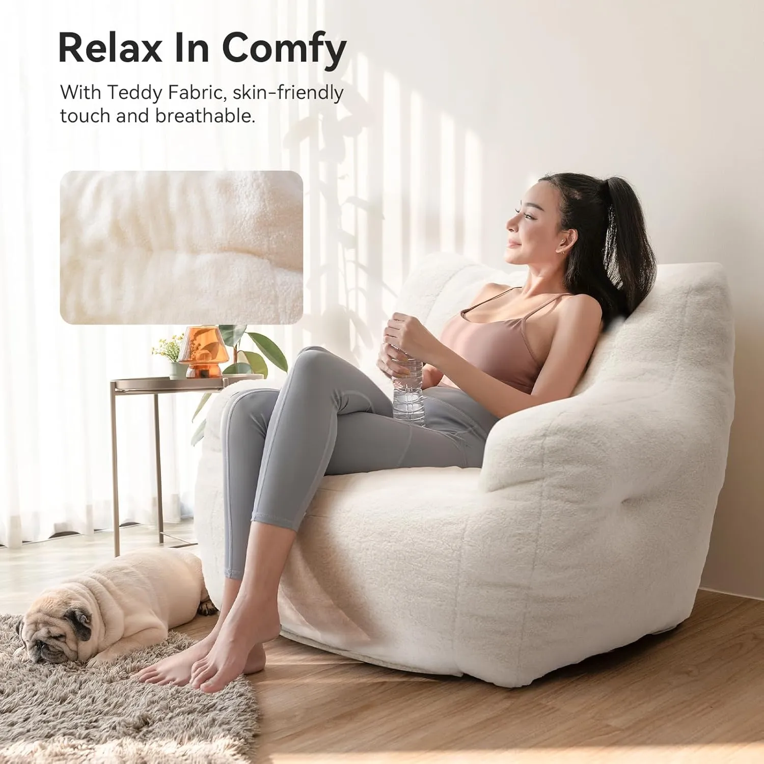 INMOZATA Bean Bag Chair for Adult and Teens 3FT Pre-Filled Soft Teddy Fluffy Lazy Sofa Floor Chair Beanbag for Living Room Playroom Dorm Apartment (Ivory)