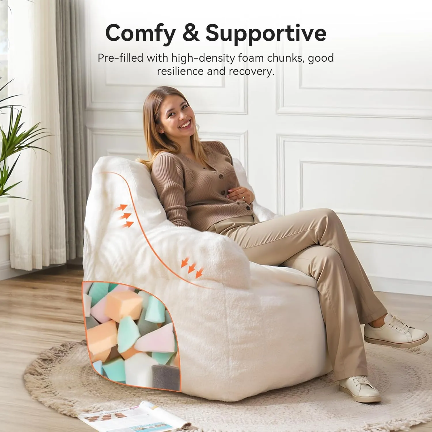 INMOZATA Bean Bag Chair for Adult and Teens 3FT Pre-Filled Soft Teddy Fluffy Lazy Sofa Floor Chair Beanbag for Living Room Playroom Dorm Apartment (Ivory)