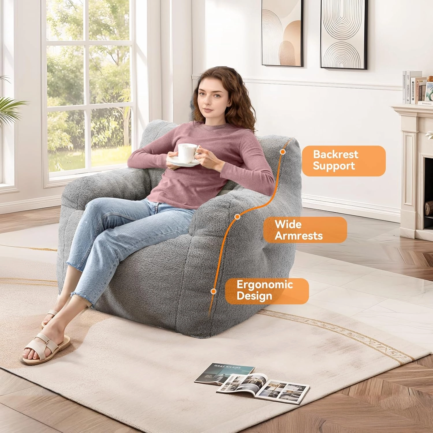 INMOZATA Bean Bag Chair for Adult, 3FT Pre-Filled Soft Teddy Fluffy Lazy Sofa Floor Chair Beanbag for Living Room Playroom Dorm Apartment (Mid-Gray)