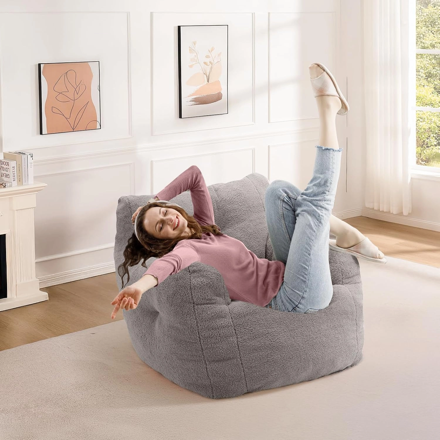 INMOZATA Bean Bag Chair for Adult, 3FT Pre-Filled Soft Teddy Fluffy Lazy Sofa Floor Chair Beanbag for Living Room Playroom Dorm Apartment (Mid-Gray)