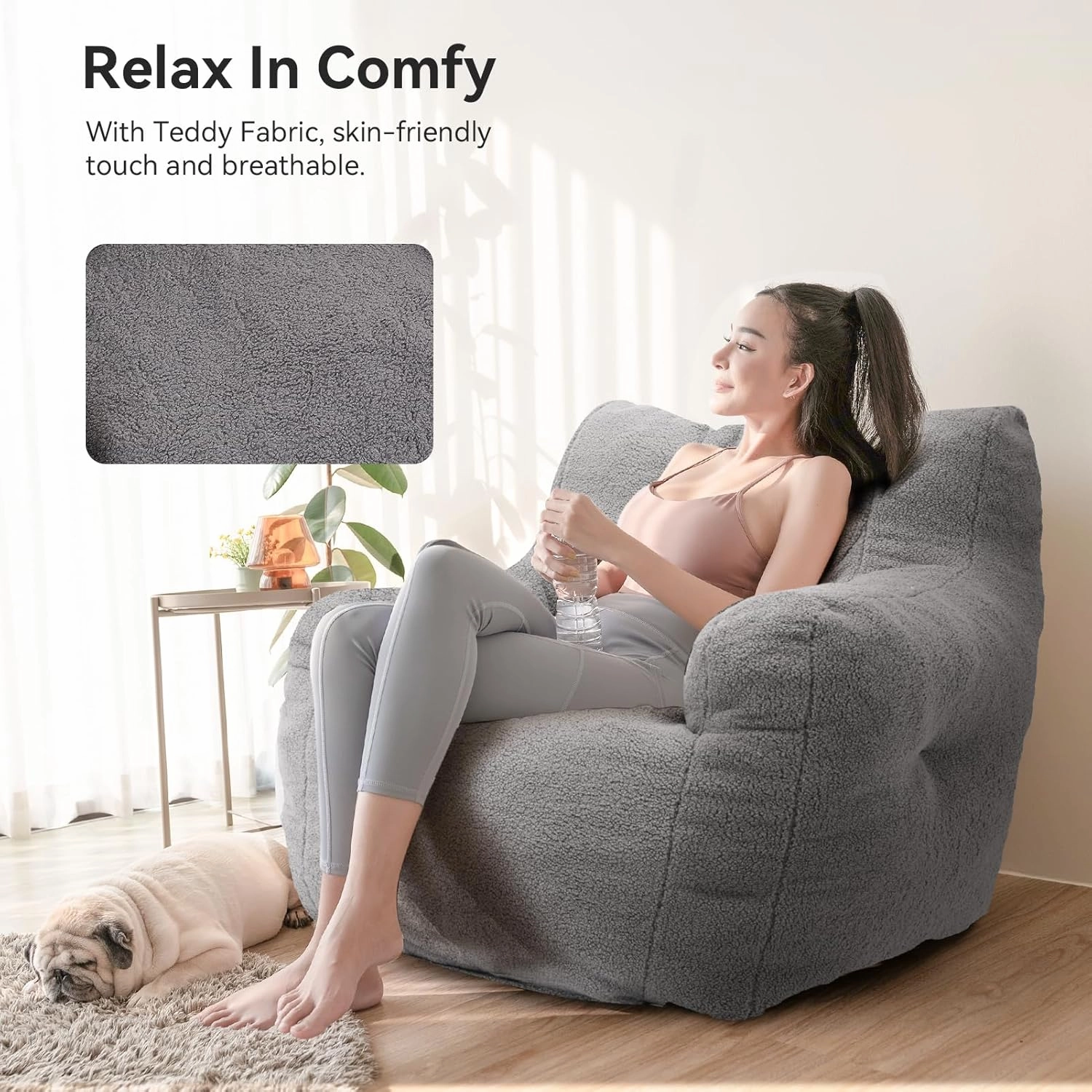 INMOZATA Bean Bag Chair for Adult, 3FT Pre-Filled Soft Teddy Fluffy Lazy Sofa Floor Chair Beanbag for Living Room Playroom Dorm Apartment (Mid-Gray)
