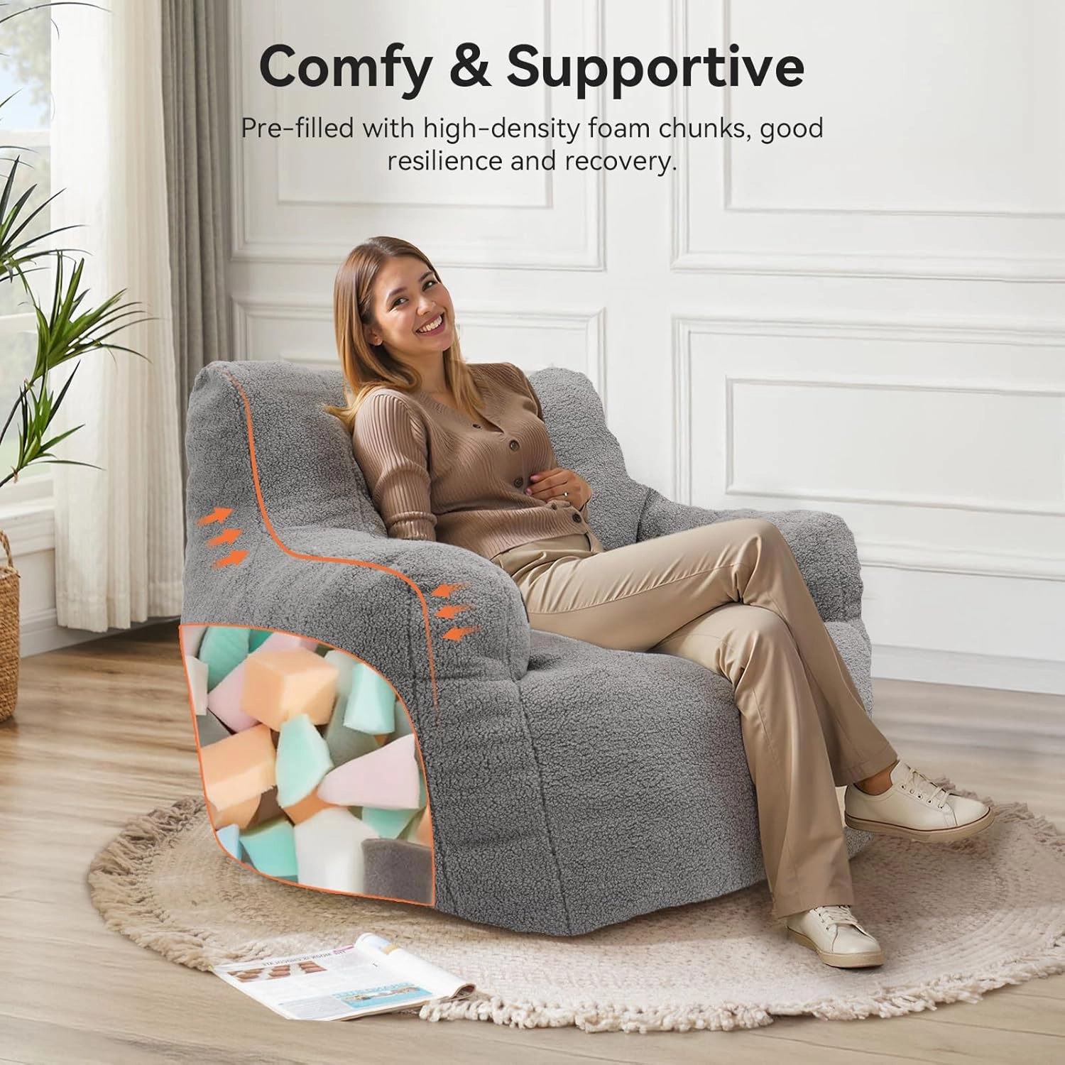INMOZATA Bean Bag Chair for Adult, 3FT Pre-Filled Soft Teddy Fluffy Lazy Sofa Floor Chair Beanbag for Living Room Playroom Dorm Apartment (Mid-Gray)