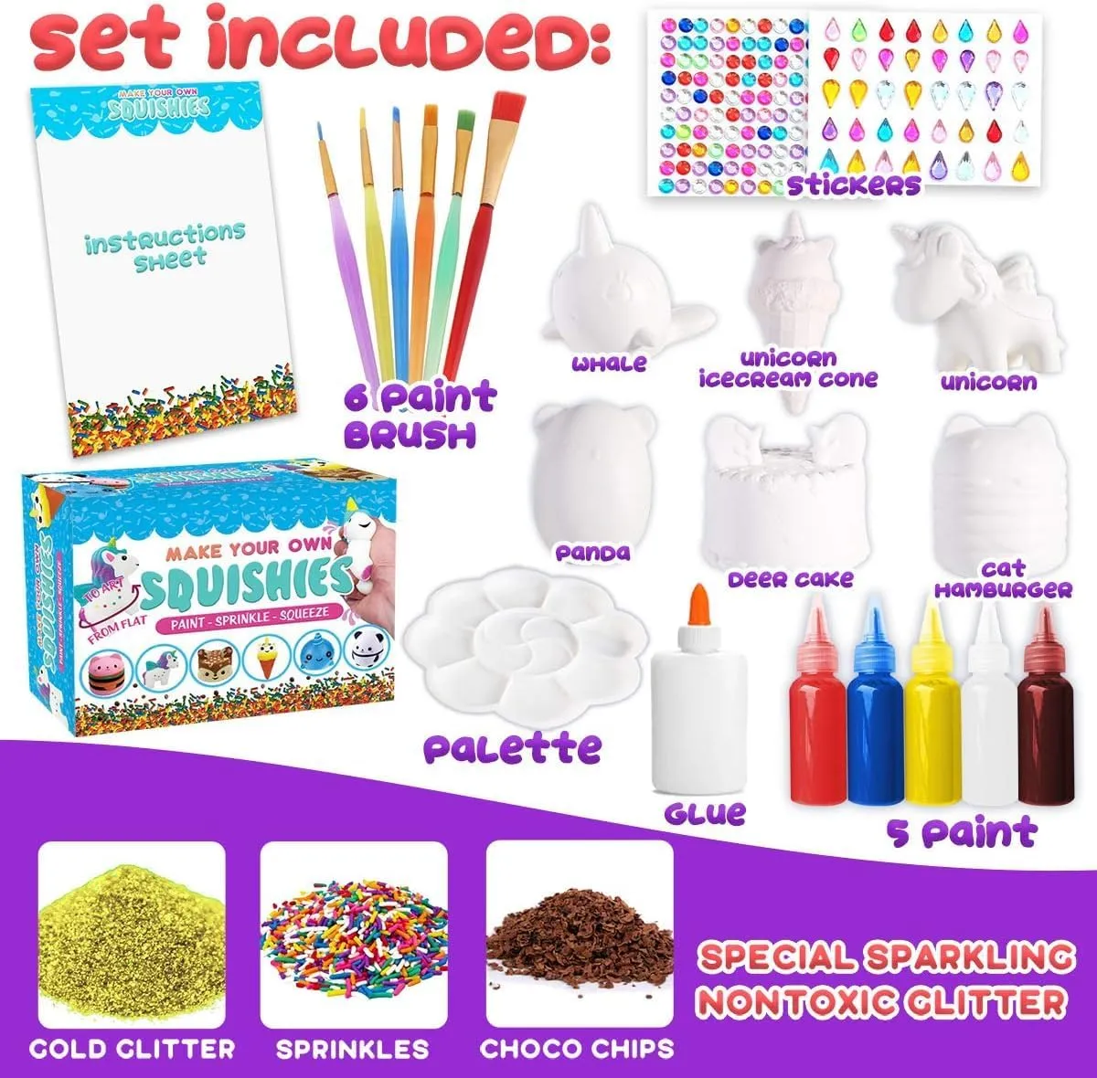 Insnug Sensory Toys Squishy Toy Food - Stress Relief Squishies for Girl Kids Age 4 6 8 10 Kawaii Jumbo DIY Slow Rising Squeeze Autism Unicorn Gift Ice Cream Cake Milk Shake Donut Painting Art Set