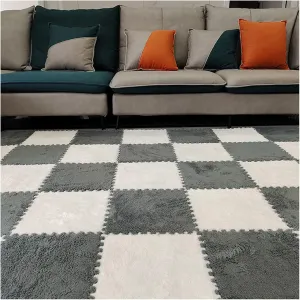 Interlocking Carpet Tiles Set 10 Pieces Plush Foam Square Floor Mats 12X12Inch Fluffy Puzzle Playmat with Border 10 Tiles/10 Sq.Ft Grey White Color Ideal for Playroom Or Home Gym