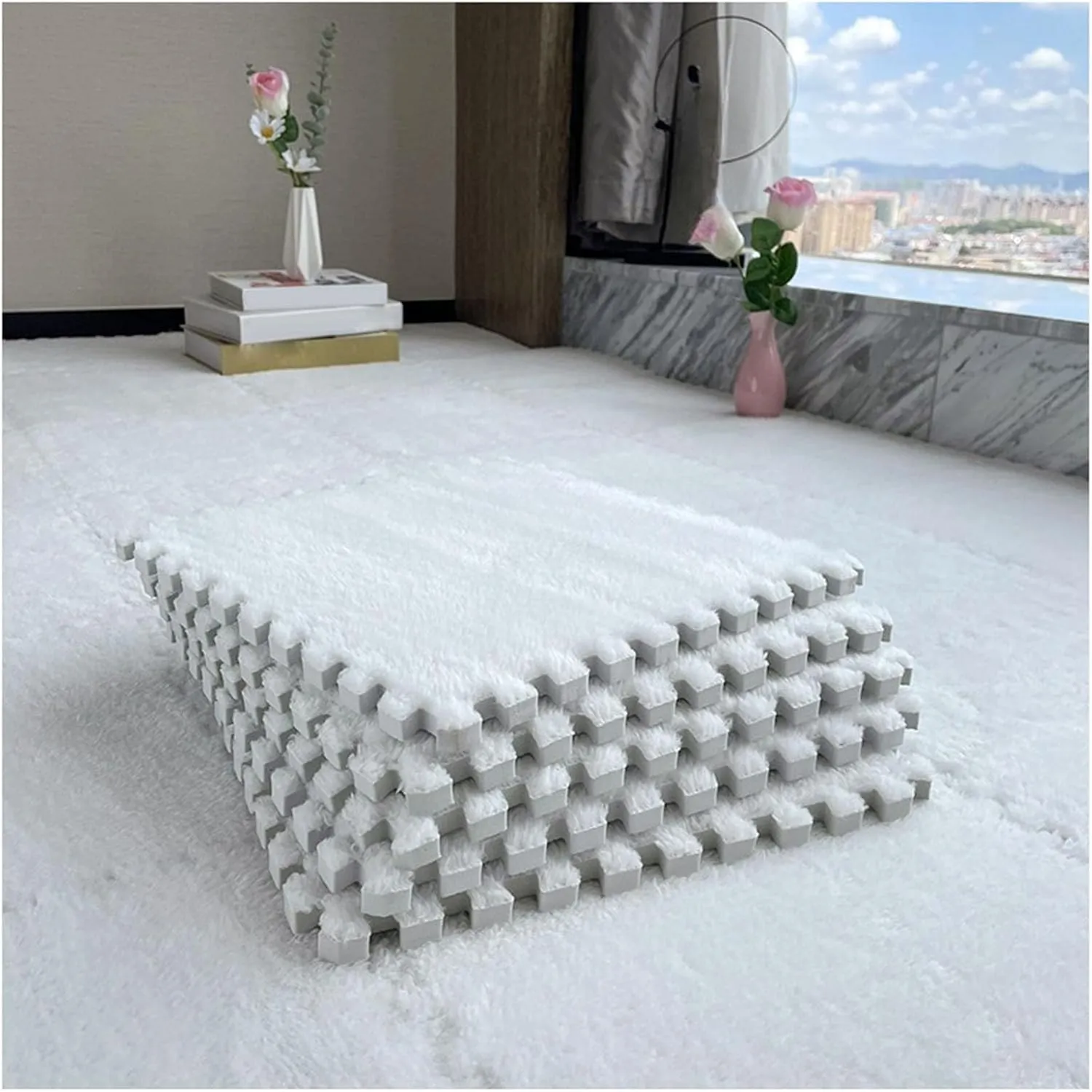 Interlocking Carpet Tiles,Plush Foam Square Floor Mats Set,Interlocking Fluffy Tiles Puzzle Carpet with Border,84 Tiles/84 Sq.Ft,White
