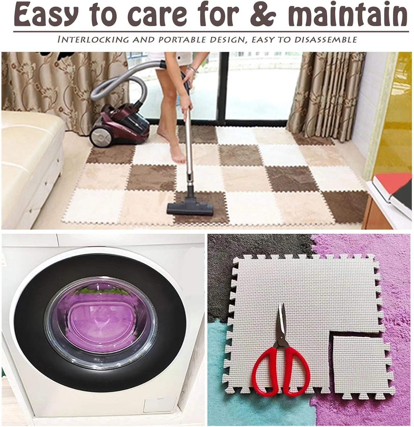 Interlocking Carpet Tiles,Plush Foam Square Floor Mats Set,Interlocking Fluffy Tiles Puzzle Carpet with Border,84 Tiles/84 Sq.Ft,White