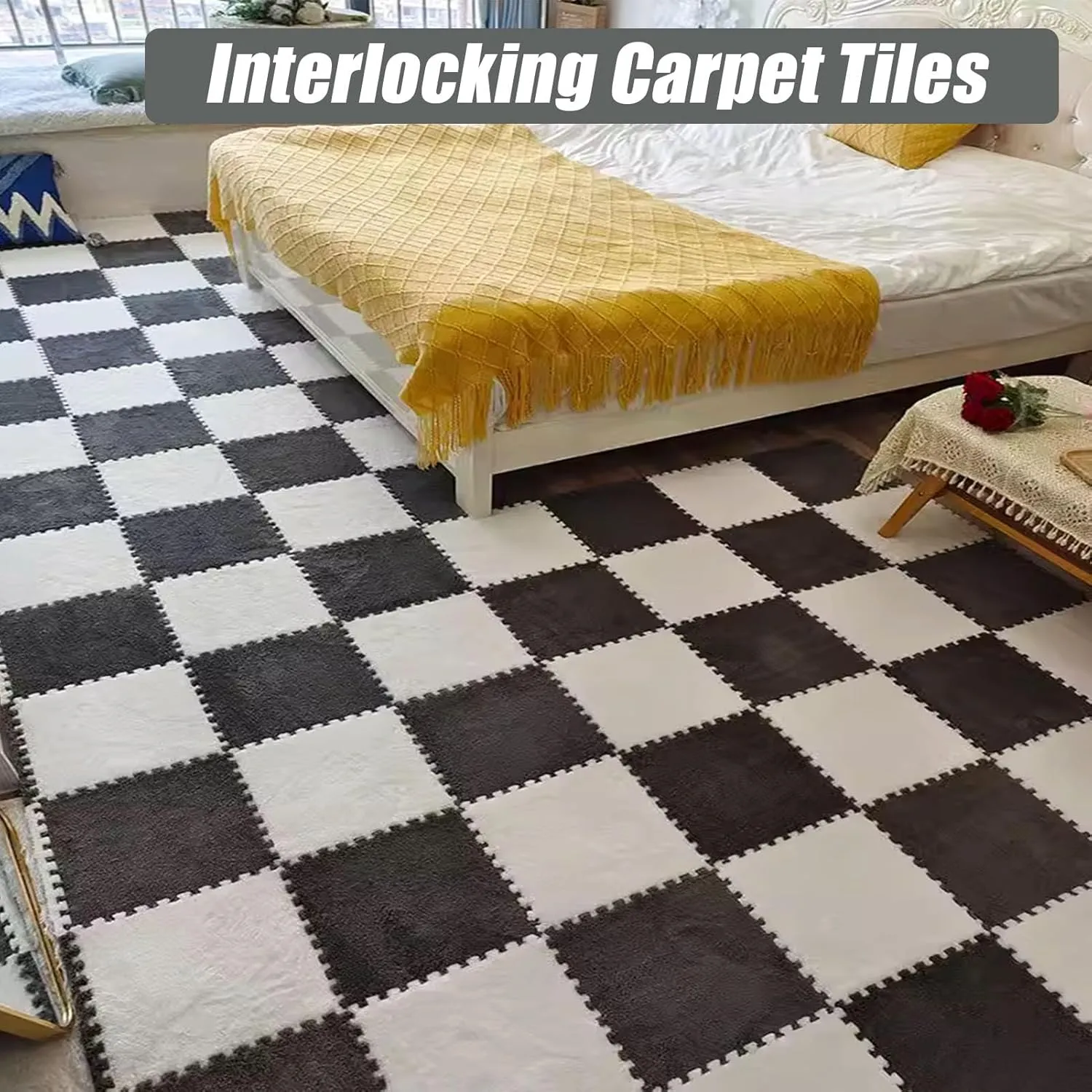 Interlocking Carpet Tiles,Plush Foam Square Floor Mats Set,Interlocking Fluffy Tiles Puzzle Carpet with Border,84 Tiles/84 Sq.Ft,White