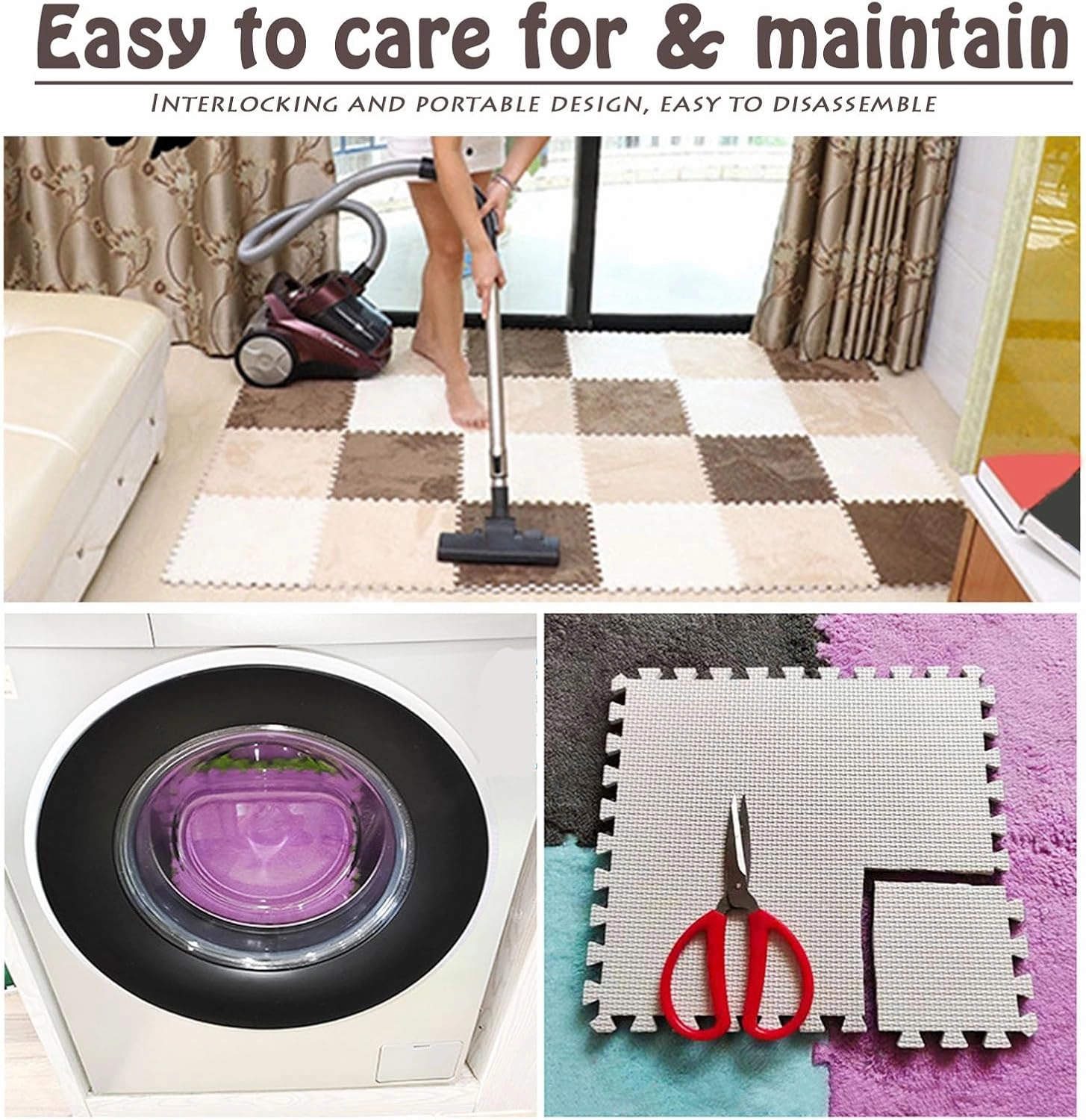 Interlocking Carpet Tiles,Plush Foam Square Floor Mats Set,Interlocking Fluffy Tiles Puzzle Carpet with Border,84 Tiles/84 Sq.Ft,Apricot