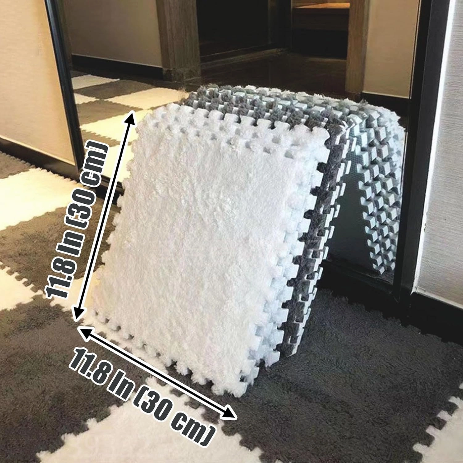 Interlocking Carpet Tiles,Plush Foam Square Floor Mats Set,Interlocking Fluffy Tiles Puzzle Carpet with Border,84 Tiles/84 Sq.Ft,Apricot