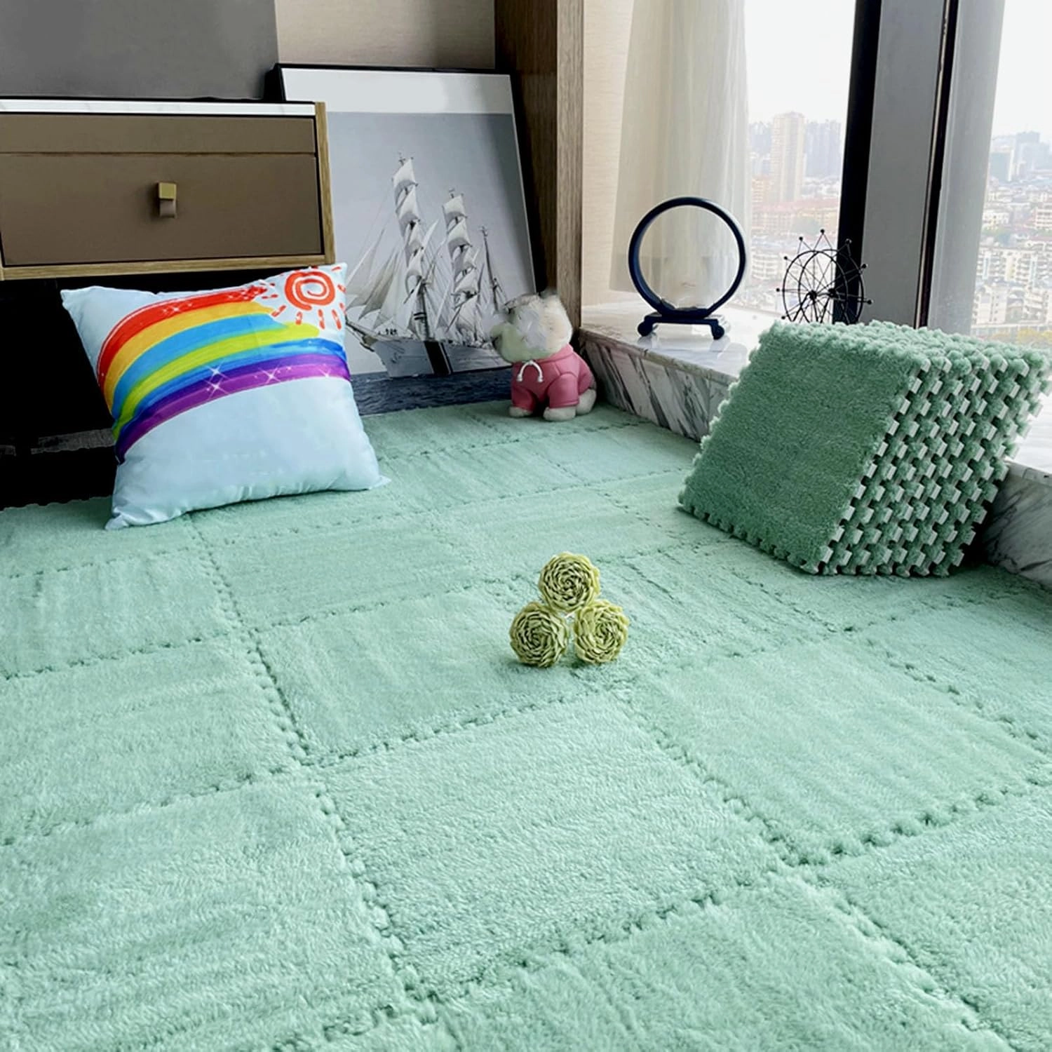 Interlocking Carpet Tiles,Plush Foam Square Floor Mats Set,Interlocking Fluffy Tiles Puzzle Carpet with Border,84 Tiles/84 Sq.Ft,Apricot