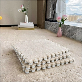 Interlocking Carpet Tiles,Plush Foam Square Floor Mats Set,Interlocking Fluffy Tiles Puzzle Carpet with Border,84 Tiles/84 Sq.Ft,Apricot