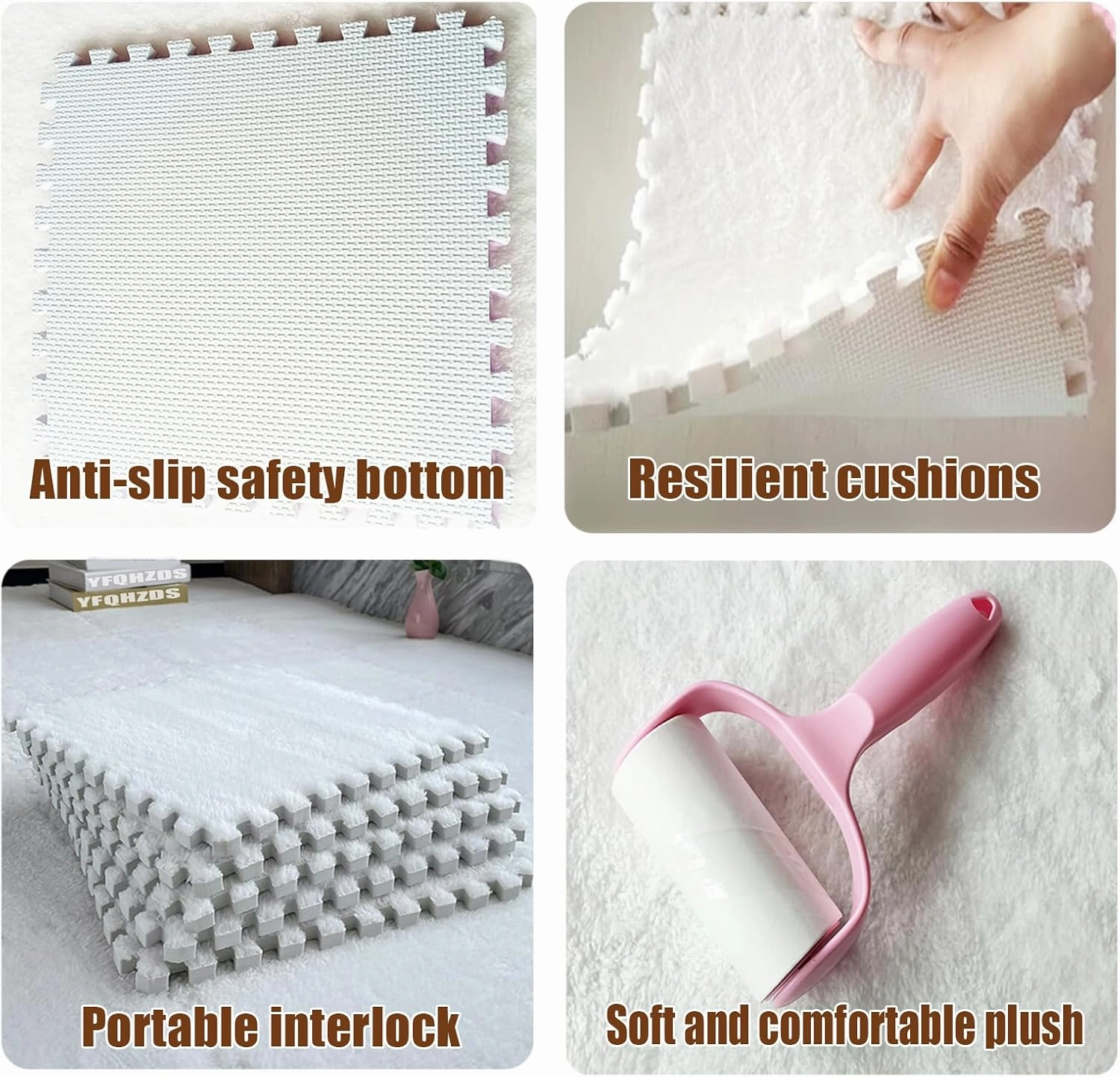 Interlocking Carpet Tiles,Plush Foam Square Floor Mats Set,Interlocking Fluffy Tiles Puzzle Carpet with Border,84 Tiles/84 Sq.Ft,Apricot