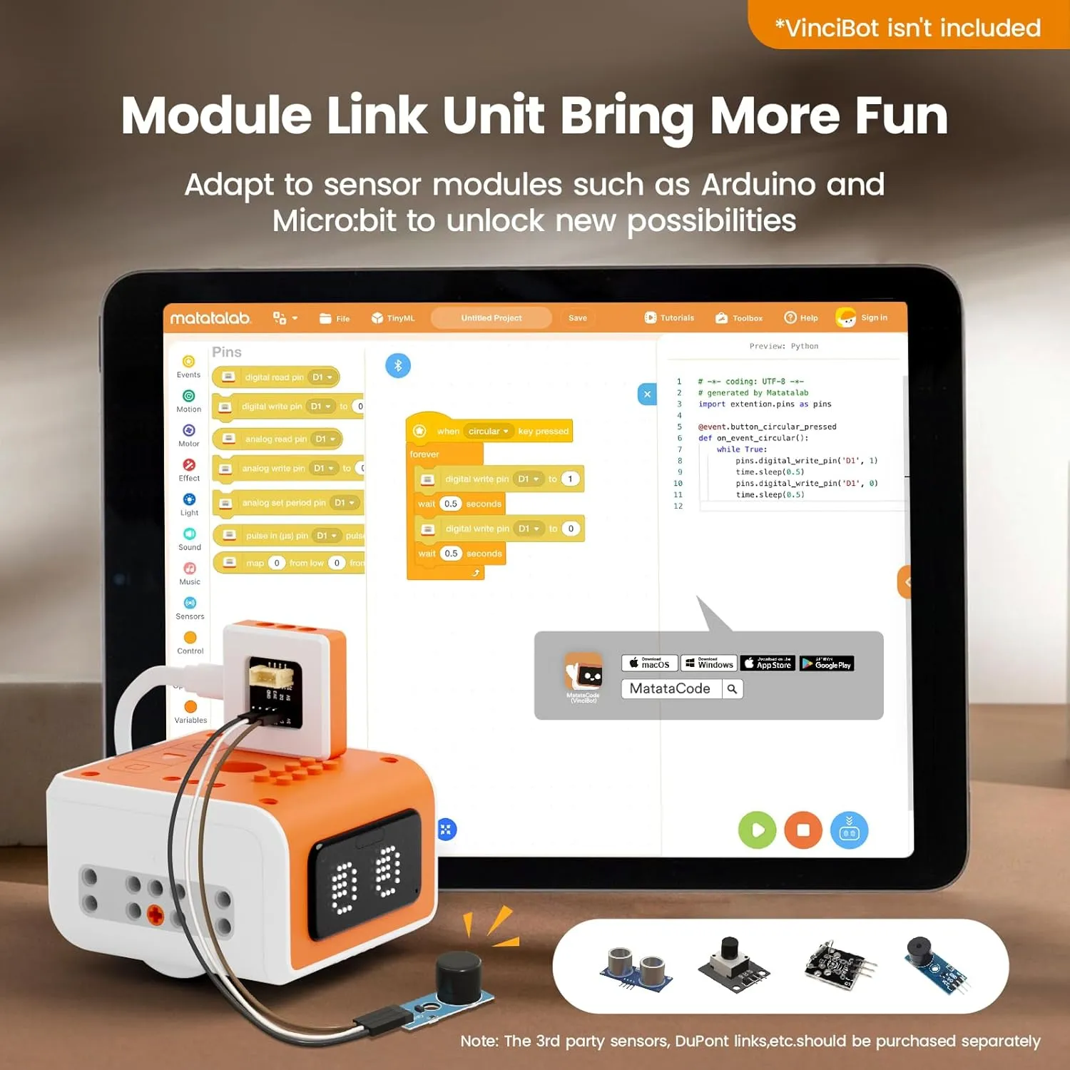 Inventor Kit for VinciBot Coding Robot, Electronic STEM Kit with programmable Module to Learn Programmable Electronic Projects for School Classroom Kids Ages 8 