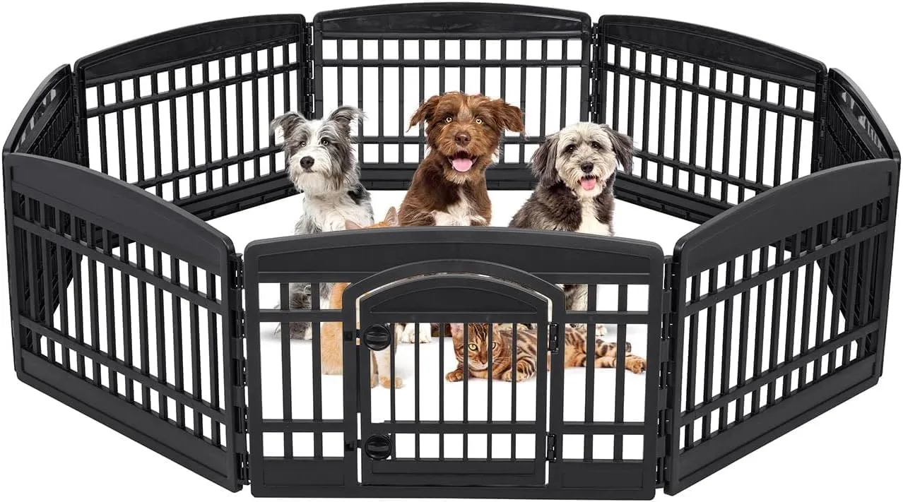 IRIS USA 24" 8-Panel Dog Playpen with Door, 84.8 x 84.8 x 23.8, Puppy Playpen, Dog Play Pen Indoors, Pet Fence, Small Pets, Black