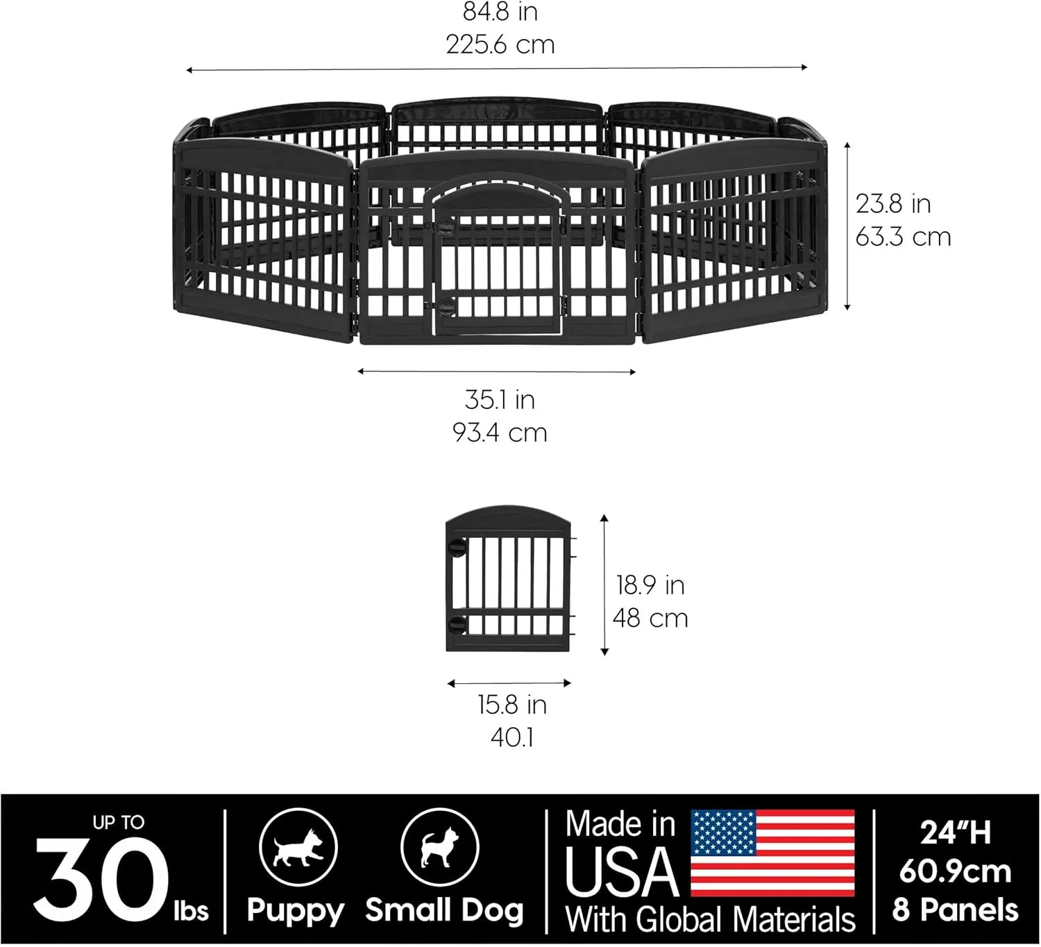 IRIS USA 24" 8-Panel Dog Playpen with Door, 84.8 x 84.8 x 23.8, Puppy Playpen, Dog Play Pen Indoors, Pet Fence, Small Pets, Black