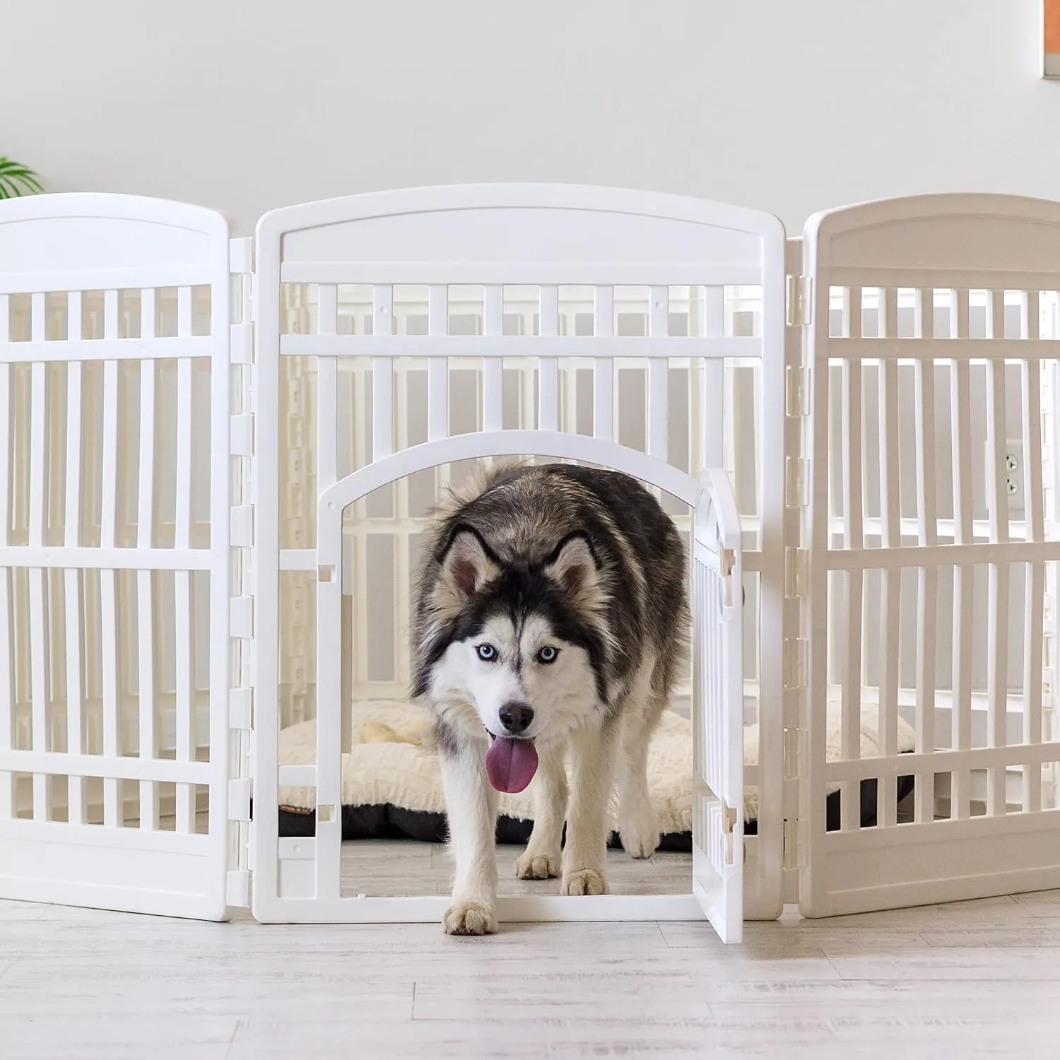IRIS USA 34" 8-Panel Pet Dog Puppy Playpen with Door, For Medium and Large Dogs, Keep Pets Secure, Easy Assemble, Fold It Down, Easy Storing, Customizable, White