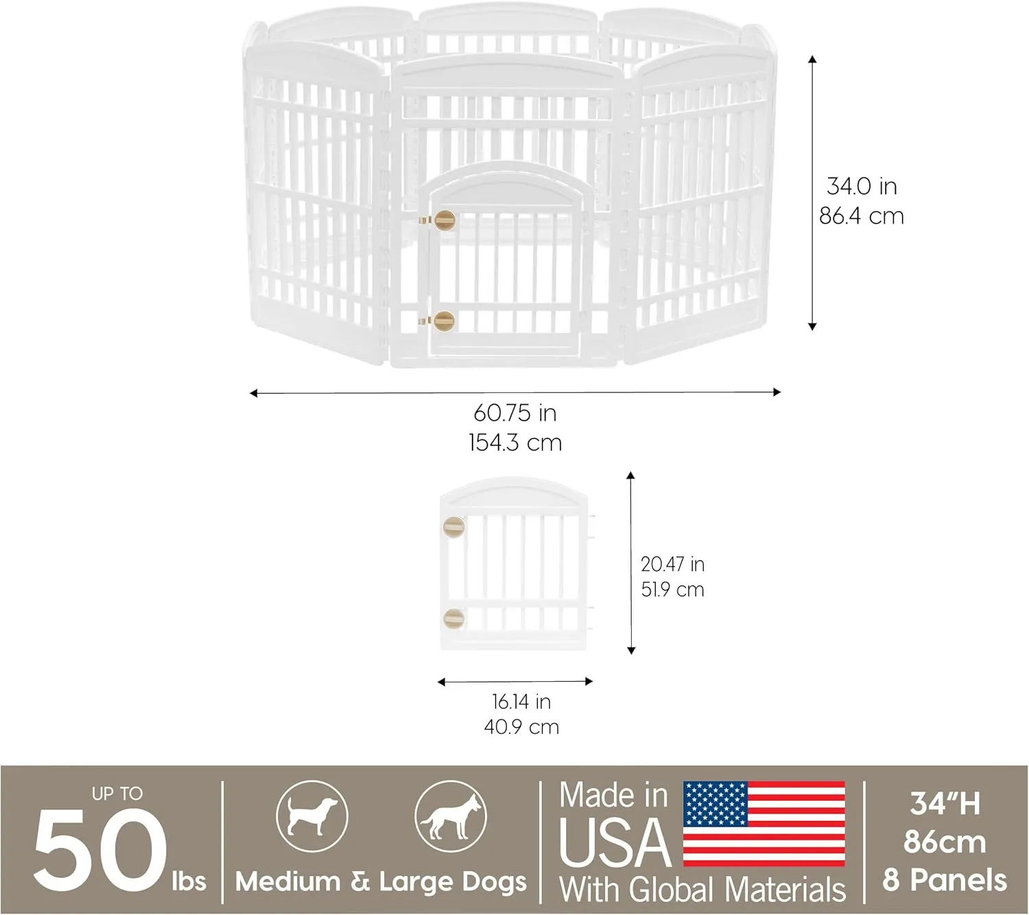 IRIS USA 34" 8-Panel Pet Dog Puppy Playpen with Door, For Medium and Large Dogs, Keep Pets Secure, Easy Assemble, Fold It Down, Easy Storing, Customizable, White