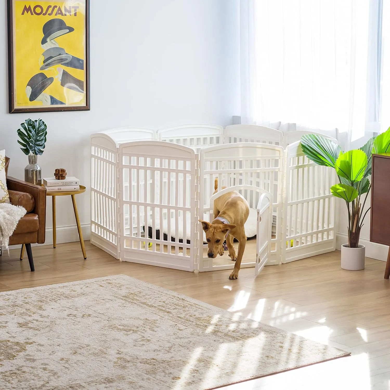 IRIS USA 34" 8-Panel Pet Dog Puppy Playpen with Door, For Medium and Large Dogs, Keep Pets Secure, Easy Assemble, Fold It Down, Easy Storing, Customizable, White